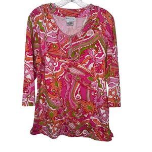 Soft Surroundings Paisley Beaded Tunic Top Women's Size L Pink 3/4 Sleeve‎ Boho